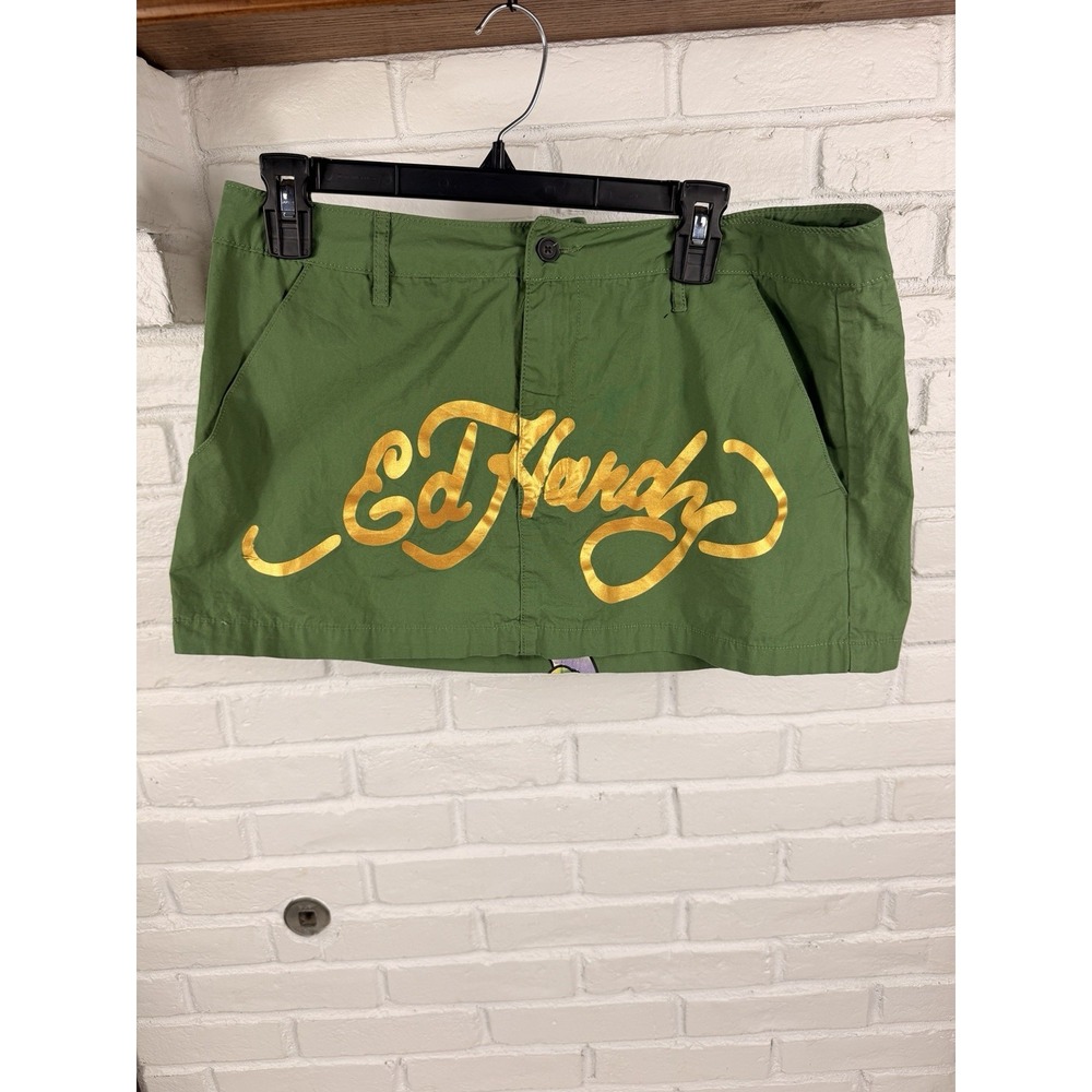 Ed Hardy L Olive Green Love Kills Slowly Graphic Mini Skirt Gold Y2K Style